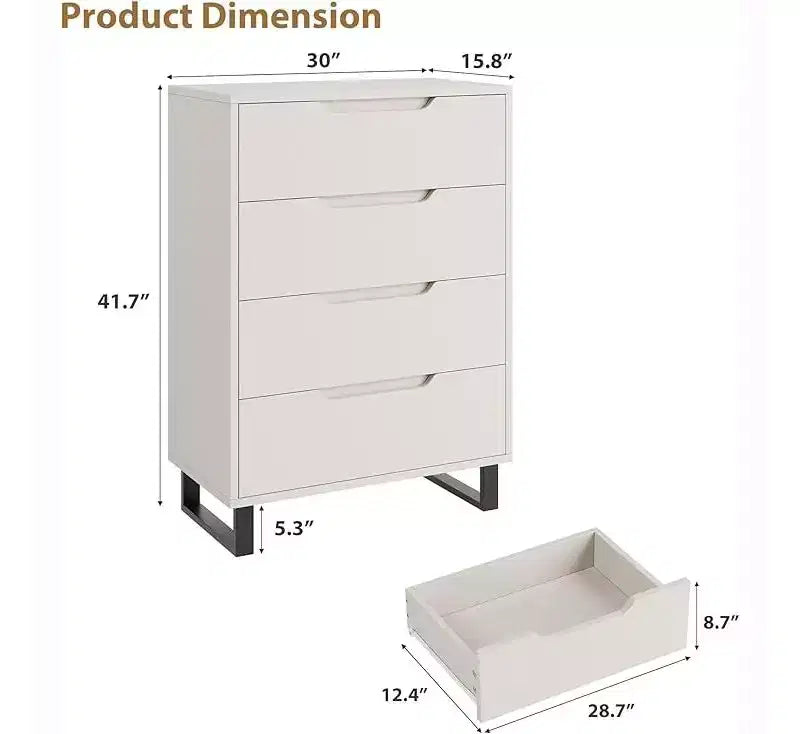 Cassettiera Alta a 4 Cassetti Verticale in Legno con Design Autoportante per Camera da Letto, Soggiorno, Corridoio e Ingresso