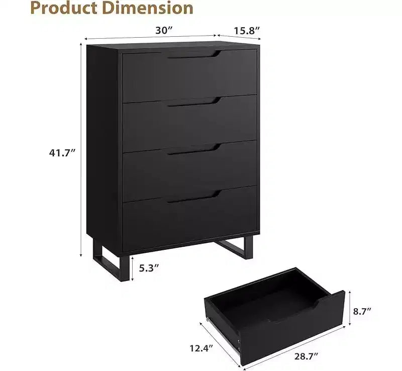 Cassettiera Alta a 4 Cassetti Verticale in Legno con Design Autoportante per Camera da Letto, Soggiorno, Corridoio e Ingresso