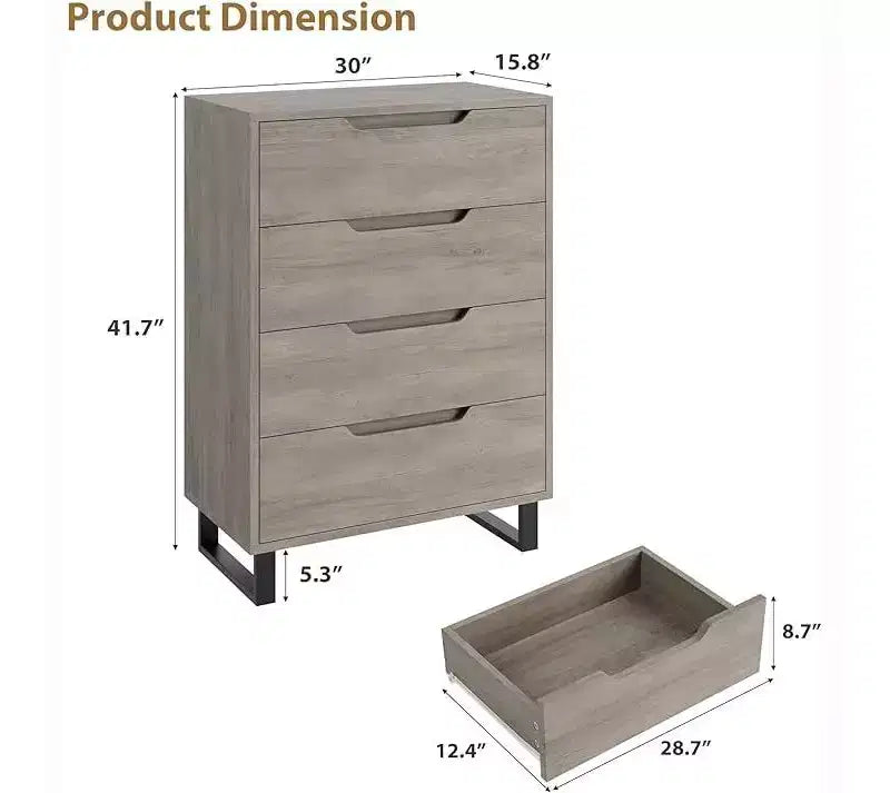 Cassettiera Alta a 4 Cassetti Verticale in Legno con Design Autoportante per Camera da Letto, Soggiorno, Corridoio e Ingresso