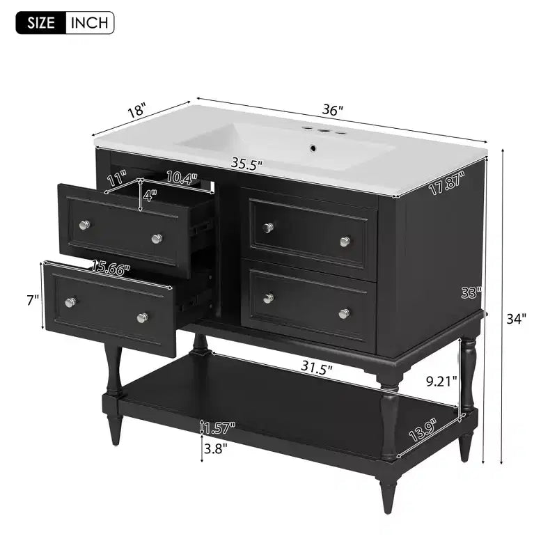 Mobile da Bagno da 90 cm con Lavabo, Mobiletto da Bagno con Cassetti, Mobile Bagno con Lavabo Singolo in Legno