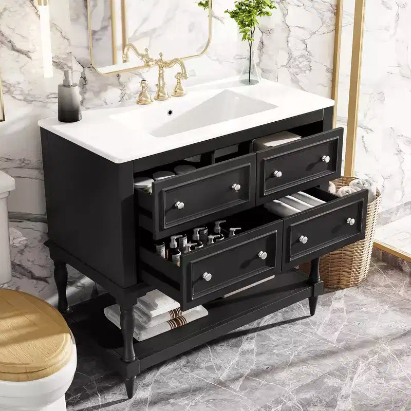 Mobile da Bagno da 90 cm con Lavabo, Mobiletto da Bagno con Cassetti, Mobile Bagno con Lavabo Singolo in Legno