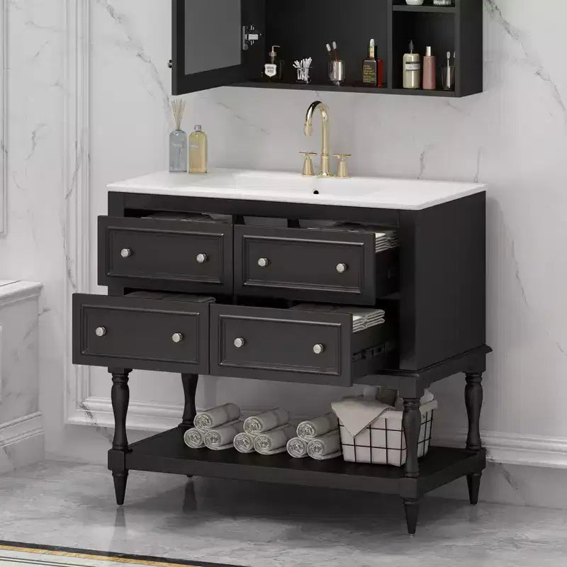 Mobile da Bagno da 90 cm con Lavabo, Mobiletto da Bagno con Cassetti, Mobile Bagno con Lavabo Singolo in Legno