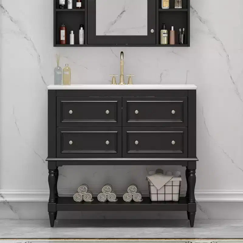 Mobile da Bagno da 90 cm con Lavabo, Mobiletto da Bagno con Cassetti, Mobile Bagno con Lavabo Singolo in Legno