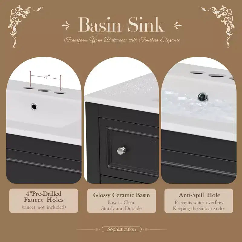 Mobile da Bagno da 90 cm con Lavabo, Mobiletto da Bagno con Cassetti, Mobile Bagno con Lavabo Singolo in Legno