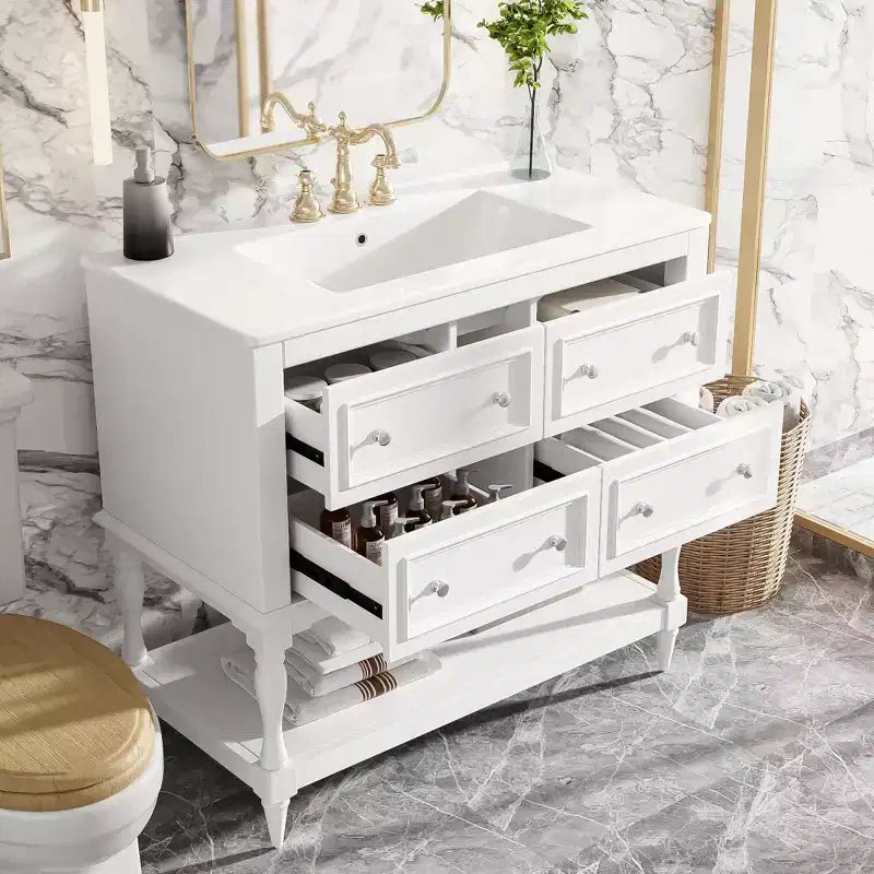 Mobile da Bagno da 90 cm con Lavabo, Mobiletto da Bagno con Cassetti, Mobile Bagno con Lavabo Singolo in Legno