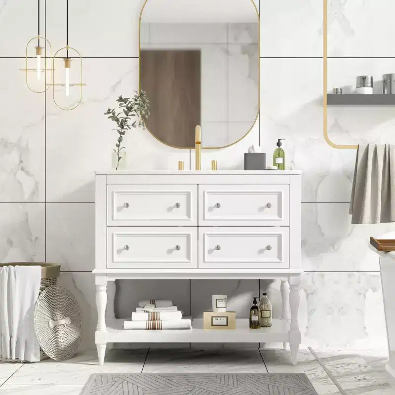 Mobile da Bagno da 90 cm con Lavabo, Mobiletto da Bagno con Cassetti, Mobile Bagno con Lavabo Singolo in Legno