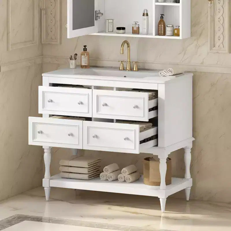 Mobile da Bagno da 90 cm con Lavabo, Mobiletto da Bagno con Cassetti, Mobile Bagno con Lavabo Singolo in Legno
