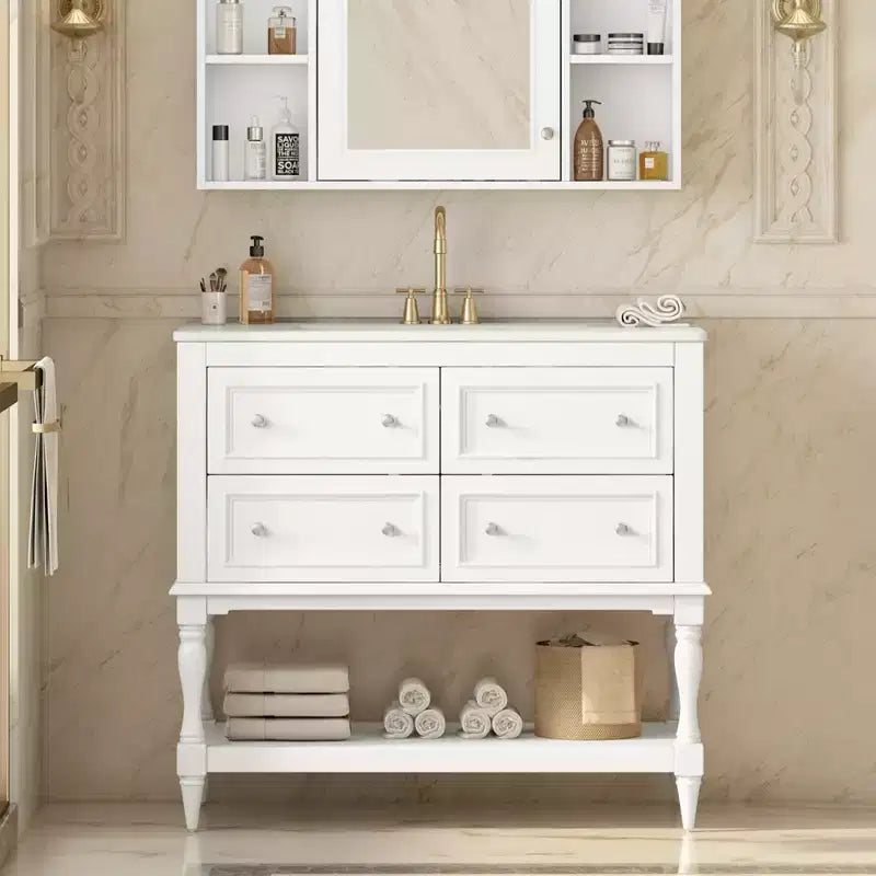 Mobile da Bagno da 90 cm con Lavabo, Mobiletto da Bagno con Cassetti, Mobile Bagno con Lavabo Singolo in Legno