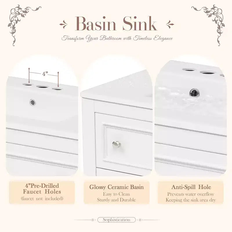 Mobile da Bagno da 90 cm con Lavabo, Mobiletto da Bagno con Cassetti, Mobile Bagno con Lavabo Singolo in Legno