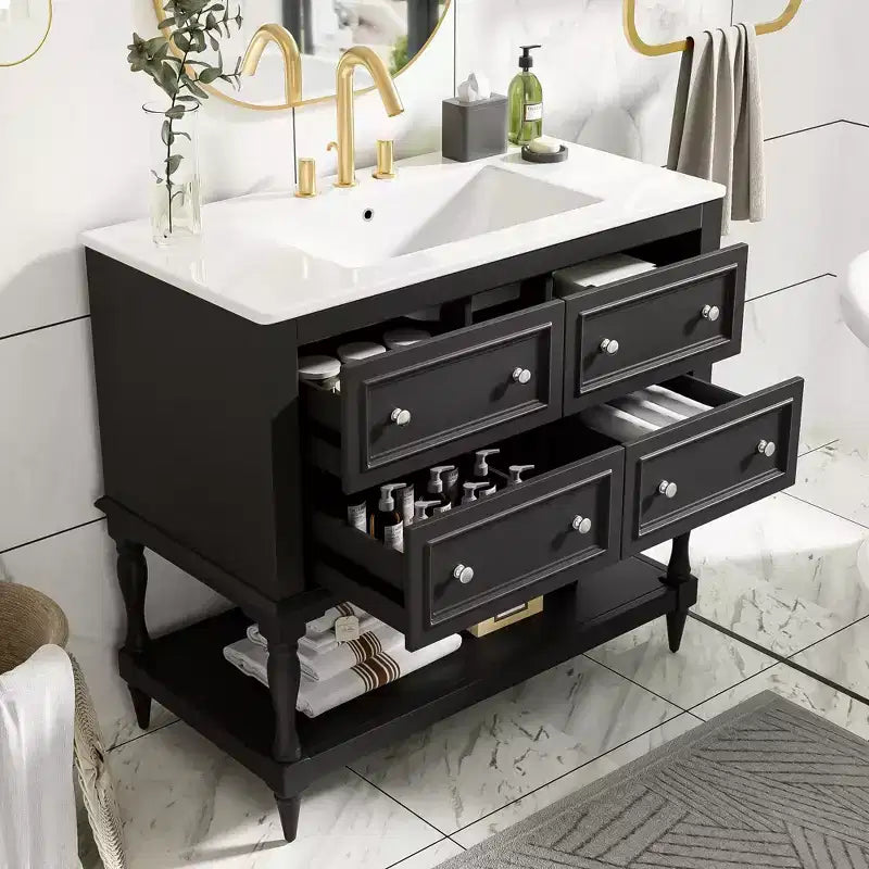 Mobile da Bagno da 90 cm con Lavabo, Mobiletto da Bagno con Cassetti, Mobile Bagno con Lavabo Singolo in Legno