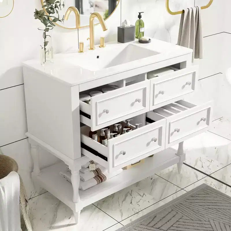 Mobile da Bagno da 90 cm con Lavabo, Mobiletto da Bagno con Cassetti, Mobile Bagno con Lavabo Singolo in Legno