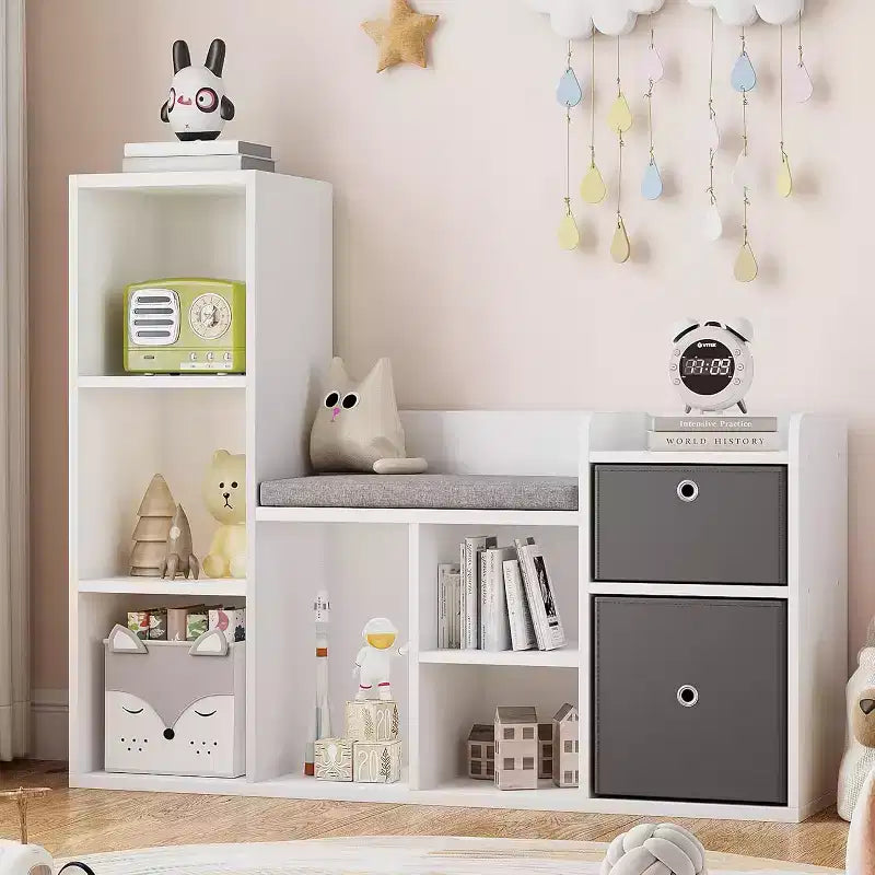 44 Inch Kids Bookshelf and Toy Storage with Reading Nook & Seat Cushion,Toy Storage Organizer with 6 Cubby and 2 Extra Drawers,for Playroom Kid Room