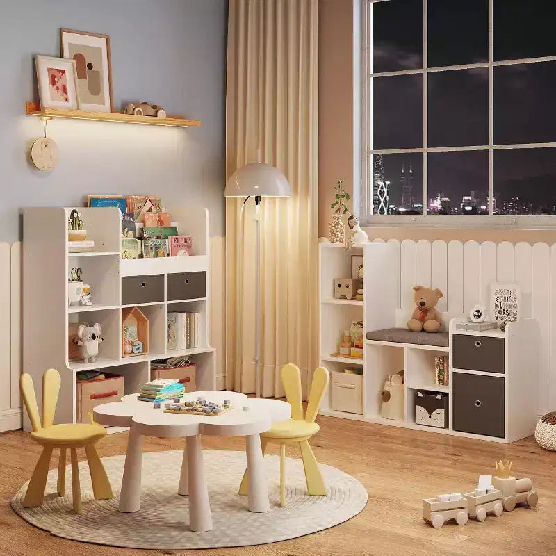 Libreria per bambini e contenitore giochi da 44 pollici con angolo lettura e cuscino seduta, organizzatore contenitore giochi con 6 scomparti e 2 cassetti aggiuntivi, per sala giochi e stanza dei bambini