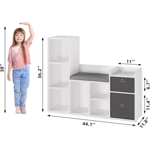 Libreria per bambini e contenitore giochi da 44 pollici con angolo lettura e cuscino seduta, organizzatore contenitore giochi con 6 scomparti e 2 cassetti aggiuntivi, per sala giochi e stanza dei bambini