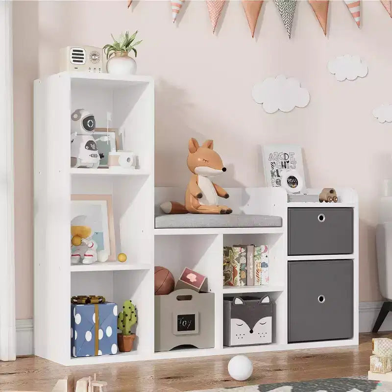 Libreria per bambini e contenitore giochi da 44 pollici con angolo lettura e cuscino seduta, organizzatore contenitore giochi con 6 scomparti e 2 cassetti aggiuntivi, per sala giochi e stanza dei bambini