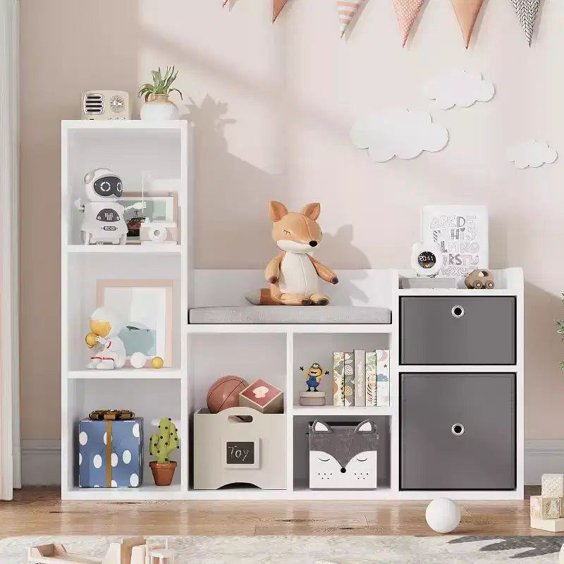 Libreria per bambini e contenitore giochi da 44 pollici con angolo lettura e cuscino seduta, organizzatore contenitore giochi con 6 scomparti e 2 cassetti aggiuntivi, per sala giochi e stanza dei bambini