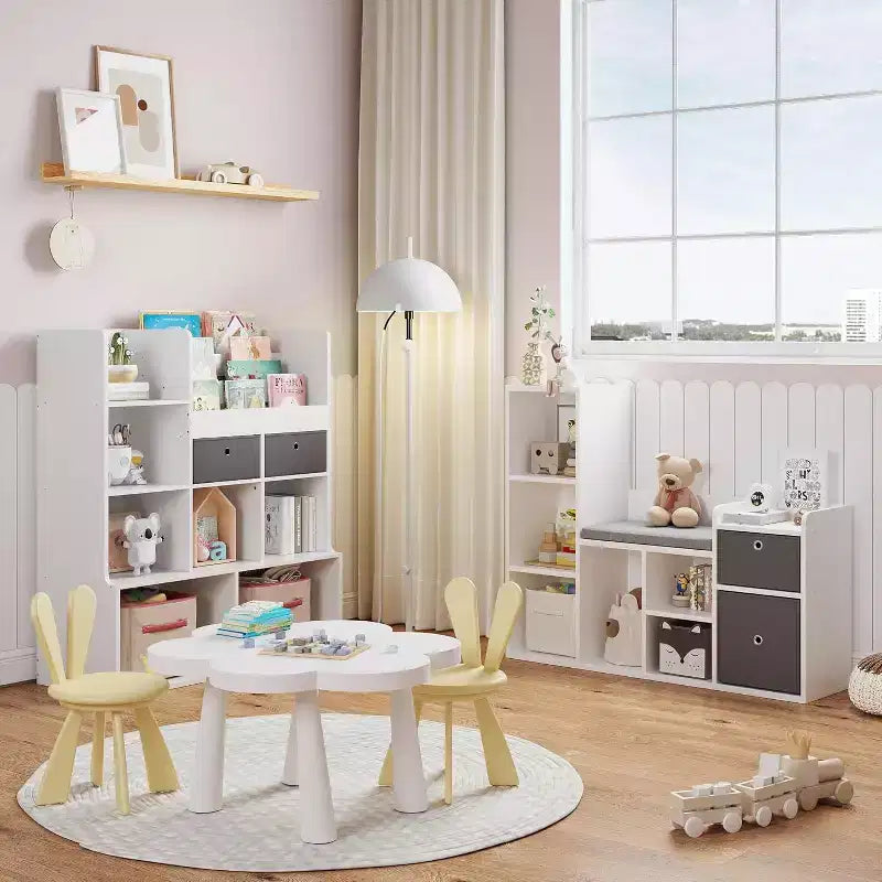 Libreria per bambini e contenitore giochi da 44 pollici con angolo lettura e cuscino seduta, organizzatore contenitore giochi con 6 scomparti e 2 cassetti aggiuntivi, per sala giochi e stanza dei bambini