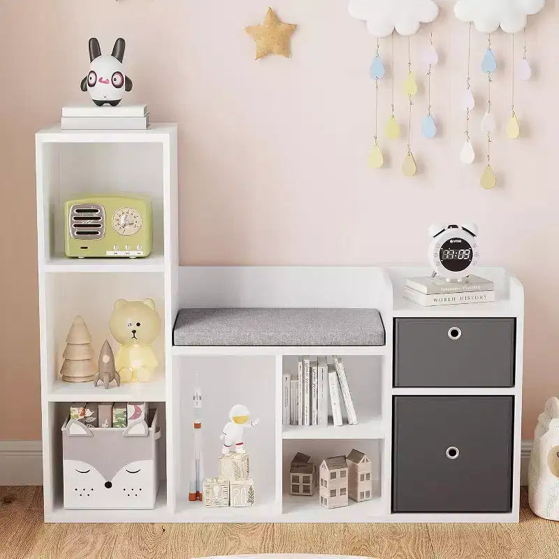 Libreria per bambini e contenitore giochi da 44 pollici con angolo lettura e cuscino seduta, organizzatore contenitore giochi con 6 scomparti e 2 cassetti aggiuntivi, per sala giochi e stanza dei bambini