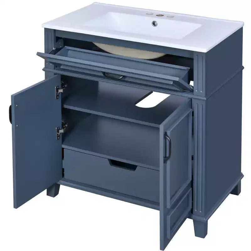 Mobile bagno con lavabo da 30 pollici, mobiletto da bagno con cassetti, mobiletto da bagno con lavabo singolo con ante a chiusura ammortizzata, blu
