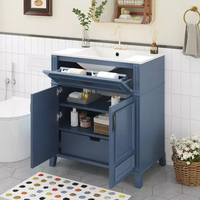 Mobile bagno con lavabo da 30 pollici, mobiletto da bagno con cassetti, mobiletto da bagno con lavabo singolo con ante a chiusura ammortizzata, blu