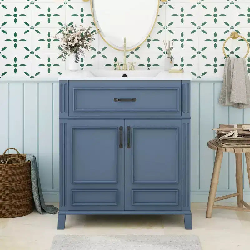 Mobile bagno con lavabo da 30 pollici, mobiletto da bagno con cassetti, mobiletto da bagno con lavabo singolo con ante a chiusura ammortizzata, blu
