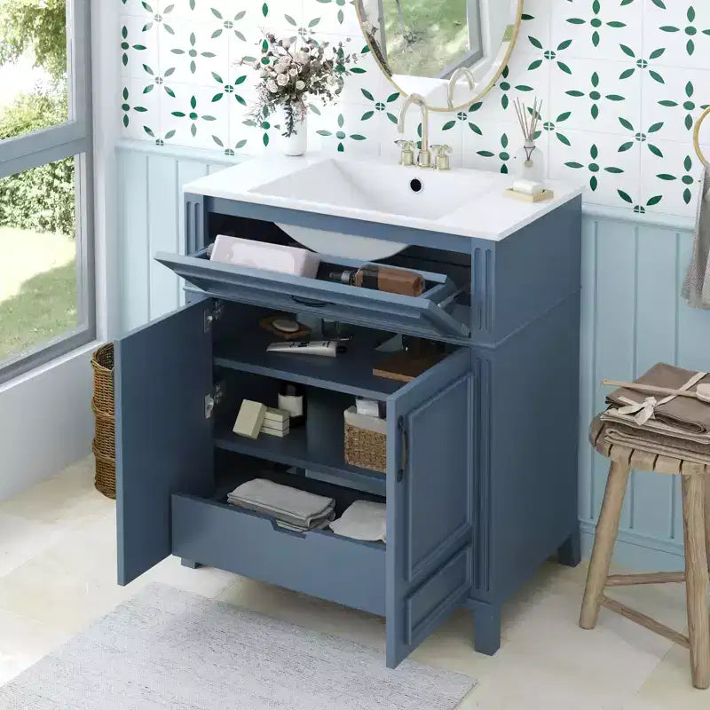 Mobile bagno con lavabo da 30 pollici, mobiletto da bagno con cassetti, mobiletto da bagno con lavabo singolo con ante a chiusura ammortizzata, blu