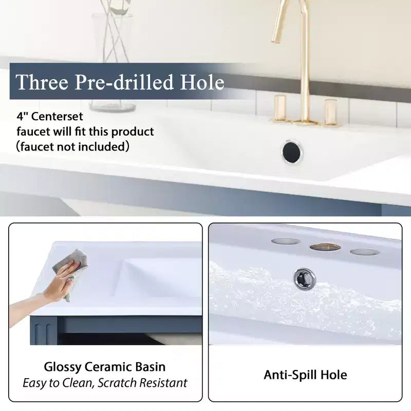 Mobile bagno con lavabo da 30 pollici, mobiletto da bagno con cassetti, mobiletto da bagno con lavabo singolo con ante a chiusura ammortizzata, blu