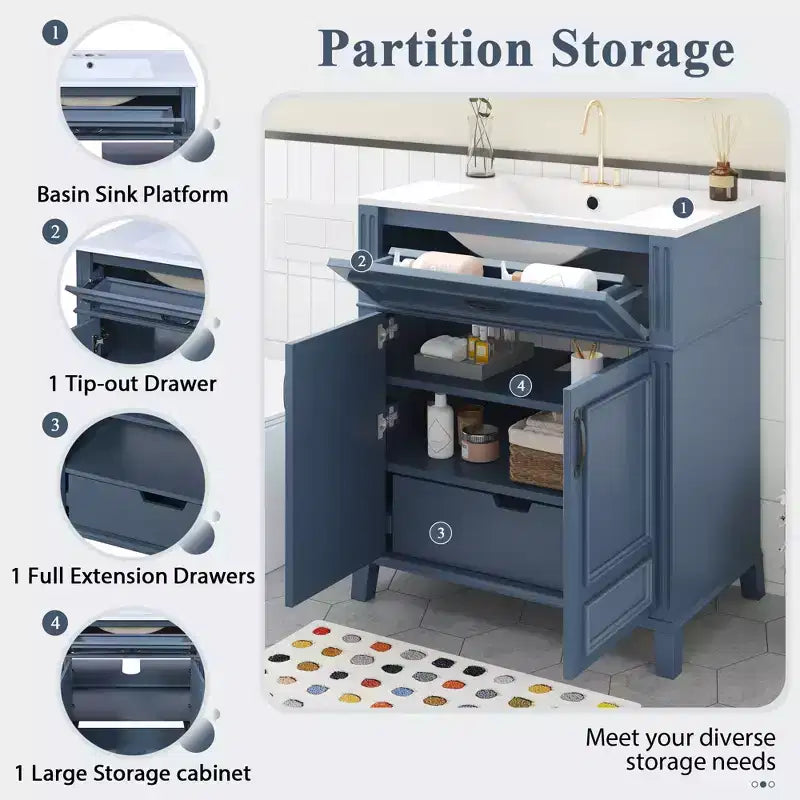 Mobile bagno con lavabo da 30 pollici, mobiletto da bagno con cassetti, mobiletto da bagno con lavabo singolo con ante a chiusura ammortizzata, blu