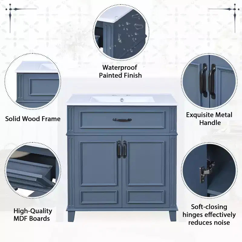 Mobile bagno con lavabo da 30 pollici, mobiletto da bagno con cassetti, mobiletto da bagno con lavabo singolo con ante a chiusura ammortizzata, blu
