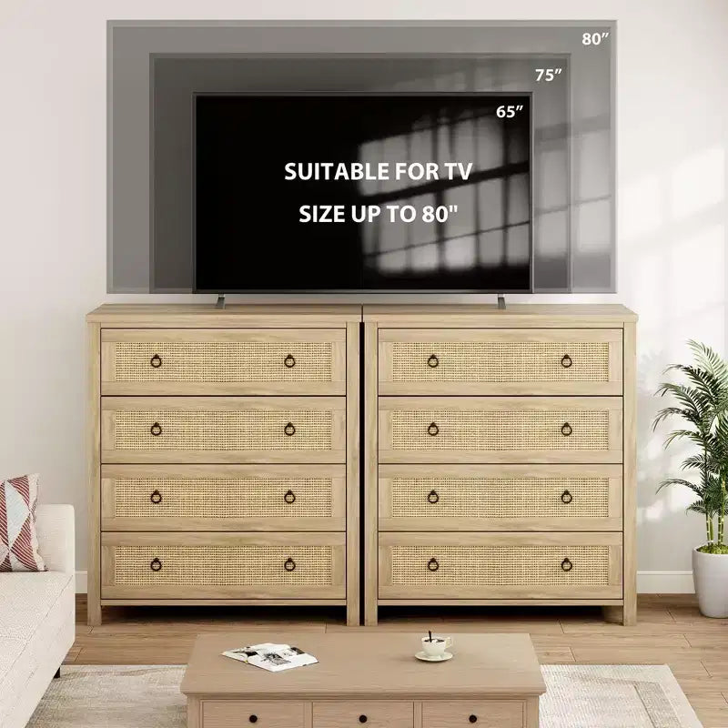 Cassettiera in Rattan COZONY per Camera da Letto, Comò Alto a 4/5 Cassetti con Frontali in Tessuto Naturale, Armadietto Portabiti Autoportante per Soggiorno, Ingresso