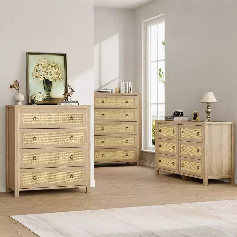 Cassettiera in Rattan COZONY per Camera da Letto, Comò Alto a 4/5 Cassetti con Frontali in Tessuto Naturale, Armadietto Portabiti Autoportante per Soggiorno, Ingresso