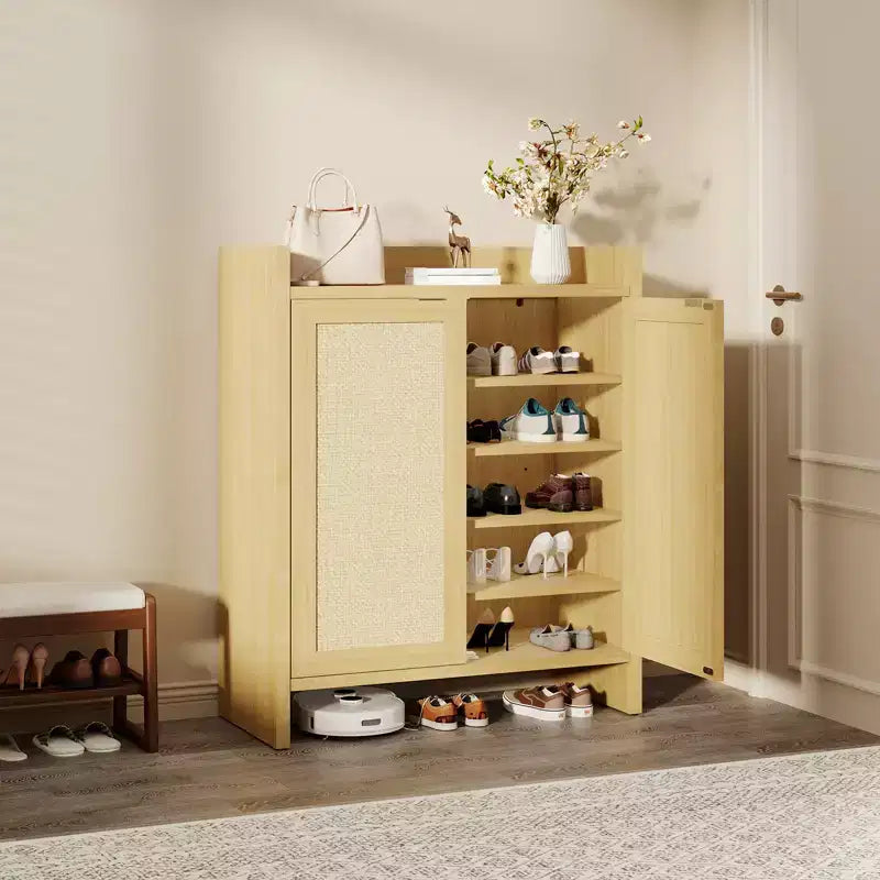 Scarpiera in Rattan, Scarpiera da Fattoria in Legno con Ripiani Regolabili per Ingresso Corridoio Cucina Soggiorno Camera da Letto, Rovere Chiaro