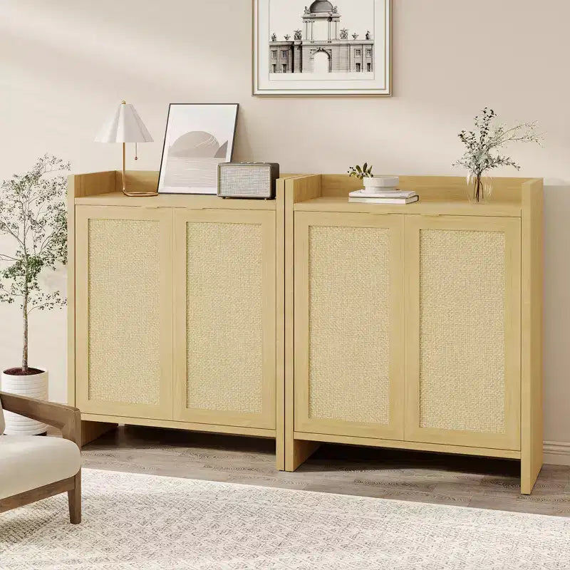 Scarpiera in Rattan, Scarpiera da Fattoria in Legno con Ripiani Regolabili per Ingresso Corridoio Cucina Soggiorno Camera da Letto, Rovere Chiaro
