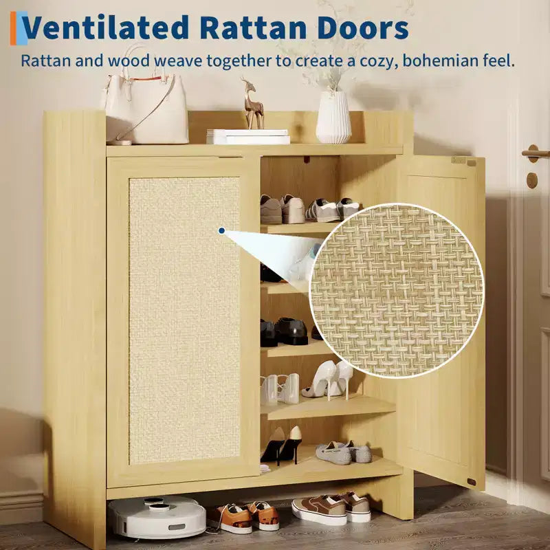 Scarpiera in Rattan, Scarpiera da Fattoria in Legno con Ripiani Regolabili per Ingresso Corridoio Cucina Soggiorno Camera da Letto, Rovere Chiaro