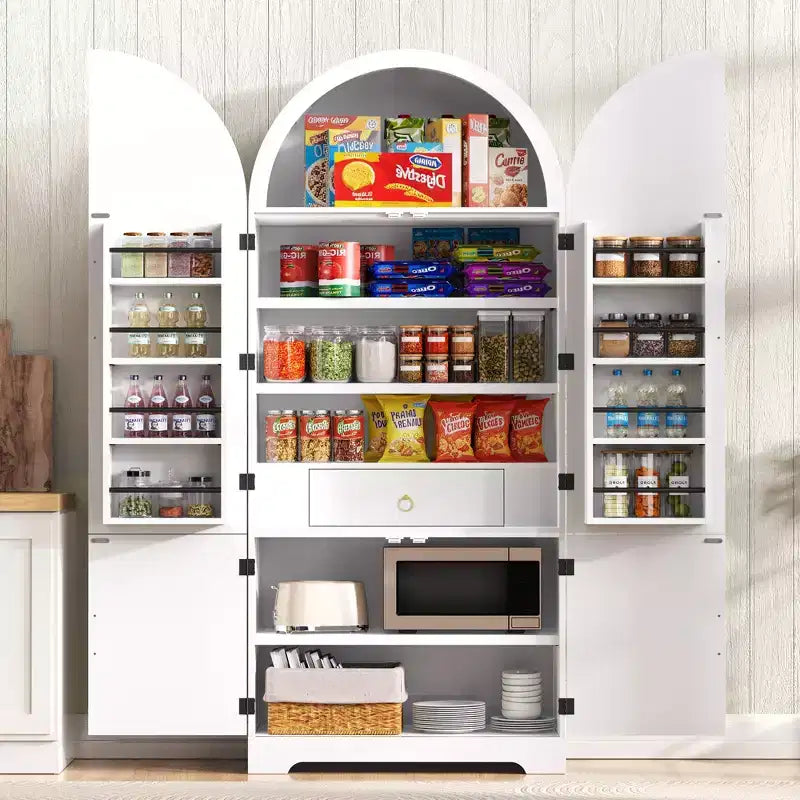 GDFStudio Ayden 72, dispensa alta da cucina con design ad arco scanalato, 8 mensole sullo sportello e 3 mensole regolabili