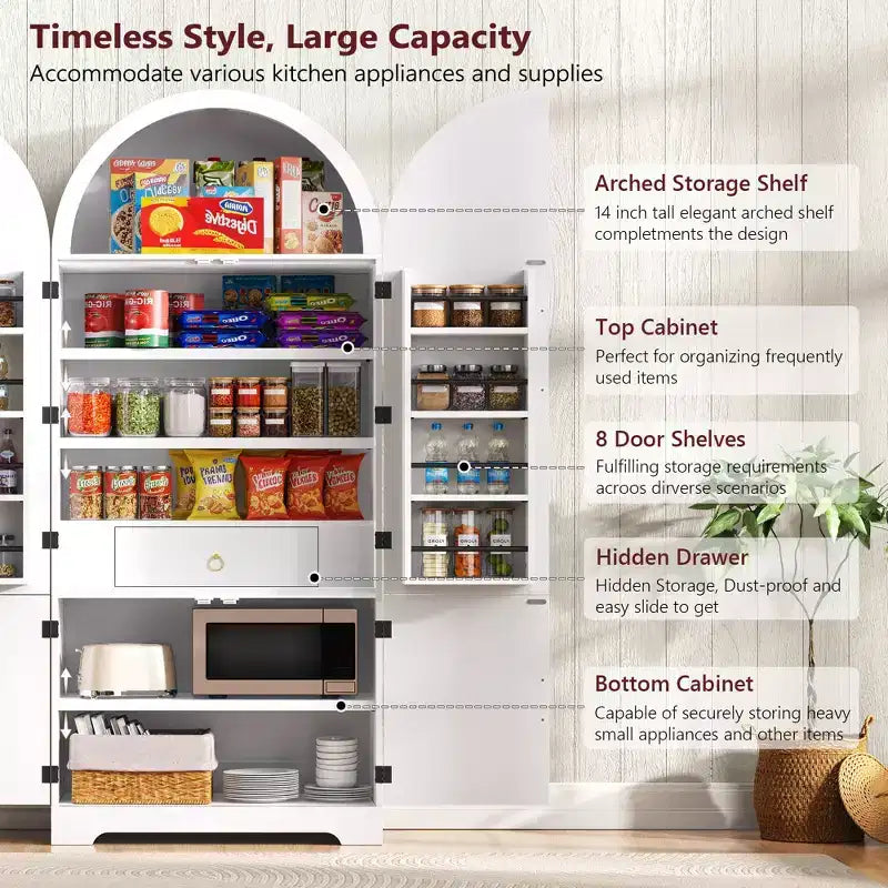 GDFStudio Ayden 72, dispensa alta da cucina con design ad arco scanalato, 8 mensole sullo sportello e 3 mensole regolabili