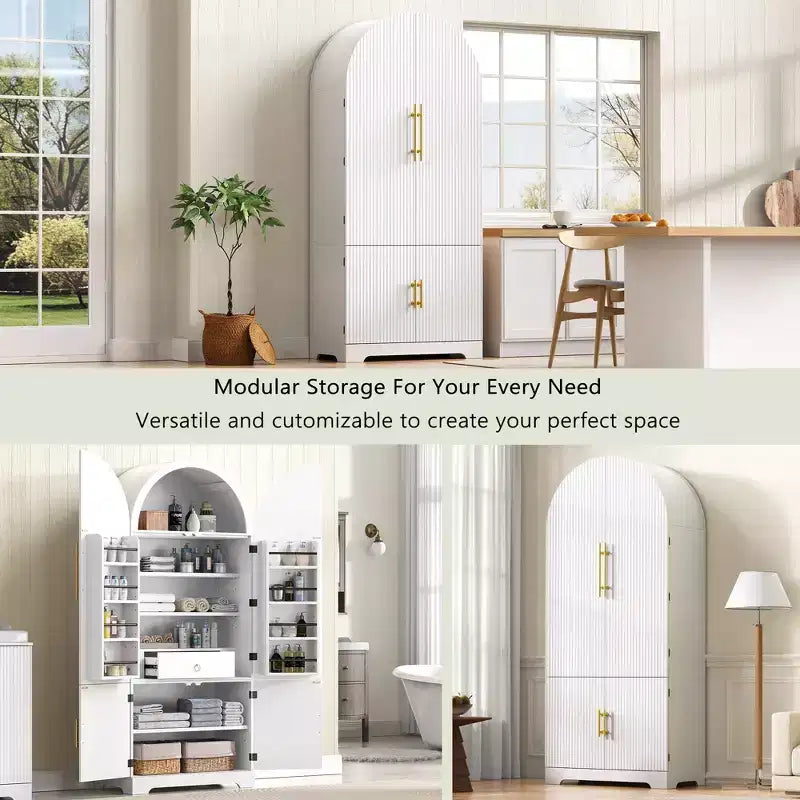 GDFStudio Ayden 72, dispensa alta da cucina con design ad arco scanalato, 8 mensole sullo sportello e 3 mensole regolabili