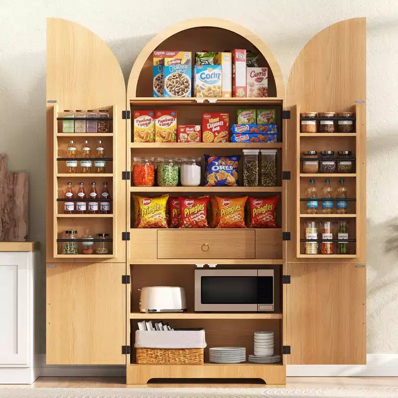 GDFStudio Ayden 72, dispensa alta da cucina con design ad arco scanalato, 8 mensole sullo sportello e 3 mensole regolabili