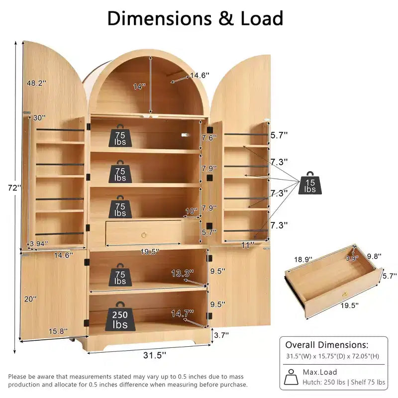 GDFStudio Ayden 72, dispensa alta da cucina con design ad arco scanalato, 8 mensole sullo sportello e 3 mensole regolabili