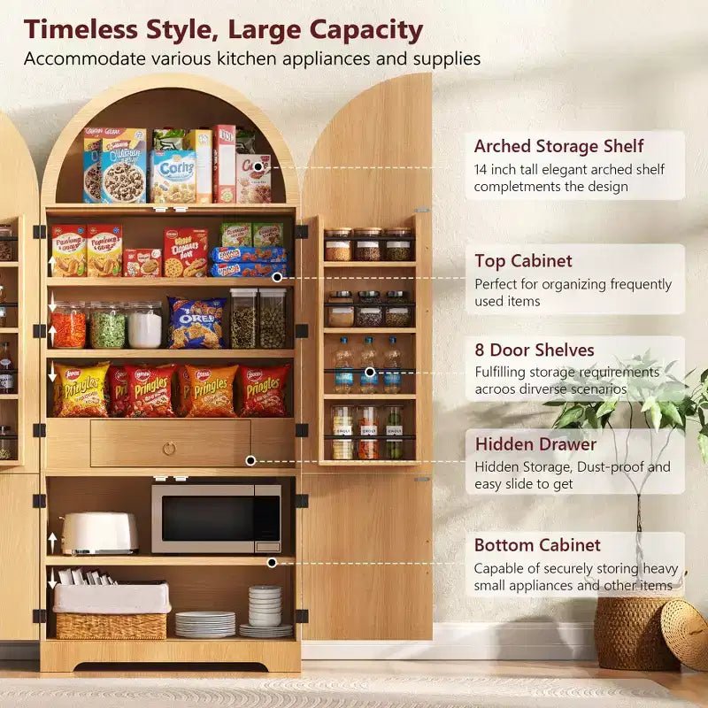 GDFStudio Ayden 72, dispensa alta da cucina con design ad arco scanalato, 8 mensole sullo sportello e 3 mensole regolabili