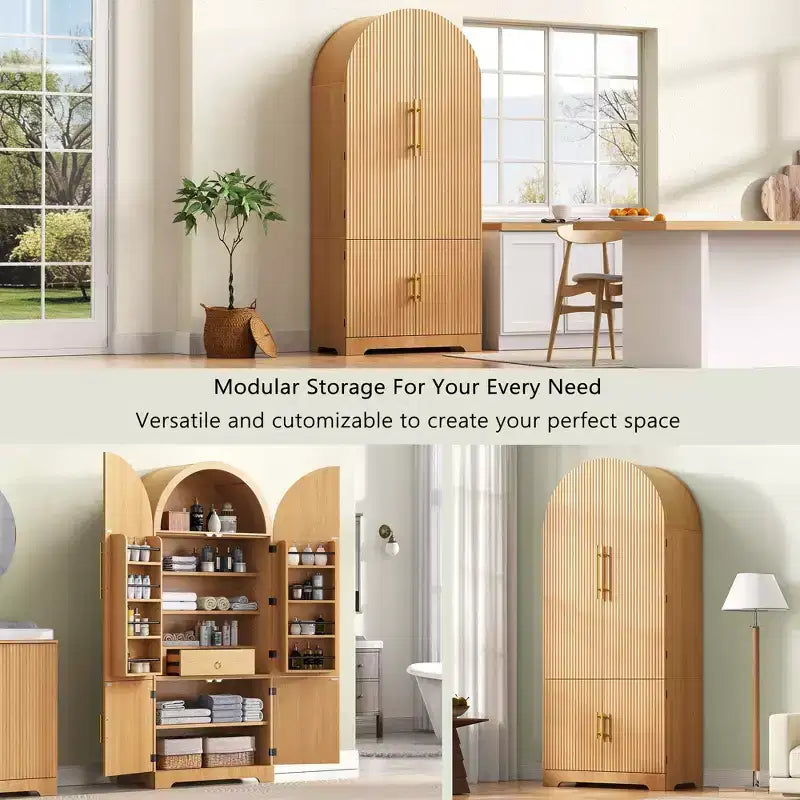 GDFStudio Ayden 72, dispensa alta da cucina con design ad arco scanalato, 8 mensole sullo sportello e 3 mensole regolabili