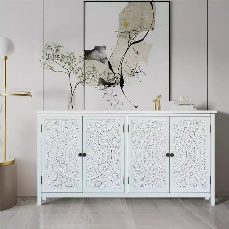 Credenza a dispensa da 60 pollici, mobiletto rustico in legno con 4 ante, versatile credenza a buffet per decorazione e organizzazione domestica, bianco