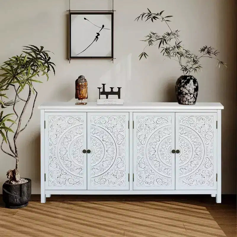 Credenza a dispensa da 60 pollici, mobiletto rustico in legno con 4 ante, versatile credenza a buffet per decorazione e organizzazione domestica, bianco