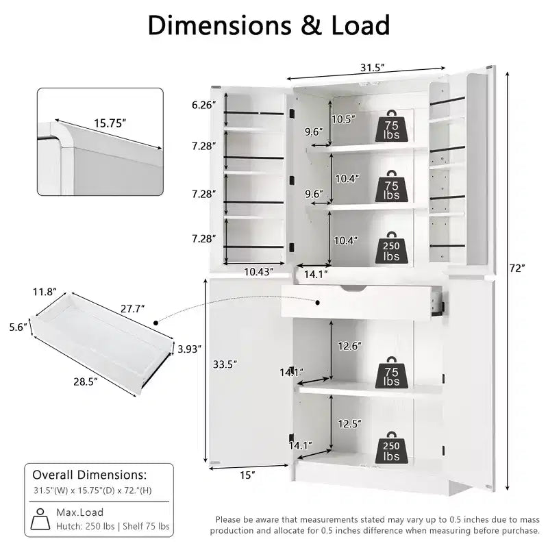 GDFStudio 72 Mobile Dispensa da Cucina Moderno Minimalista Alto con 4 Ante, 8 Ripiani su Anta e 3 Ripiani Regolabili