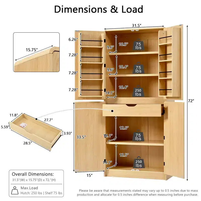GDFStudio 72 Mobile Dispensa da Cucina Moderno Minimalista Alto con 4 Ante, 8 Ripiani su Anta e 3 Ripiani Regolabili