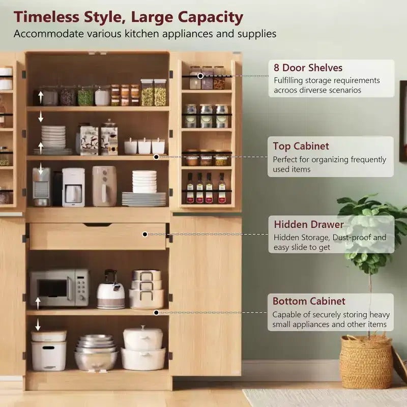 GDFStudio 72 Mobile Dispensa da Cucina Moderno Minimalista Alto con 4 Ante, 8 Ripiani su Anta e 3 Ripiani Regolabili