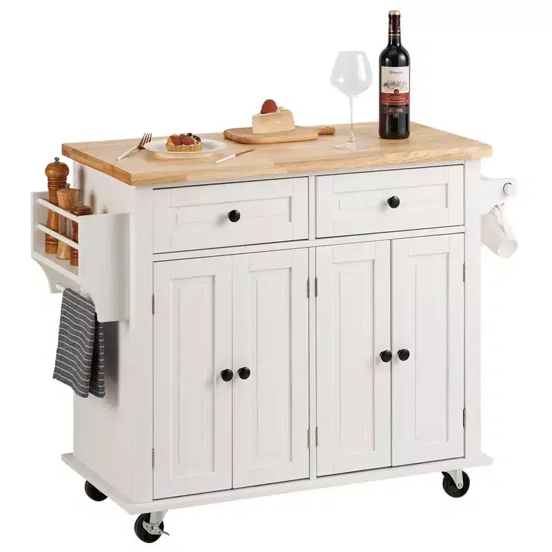 Rolling Kitchen Island Cart with Solid Wood Top Storage Cabinet Drawer Spice Rack and Towel Bar