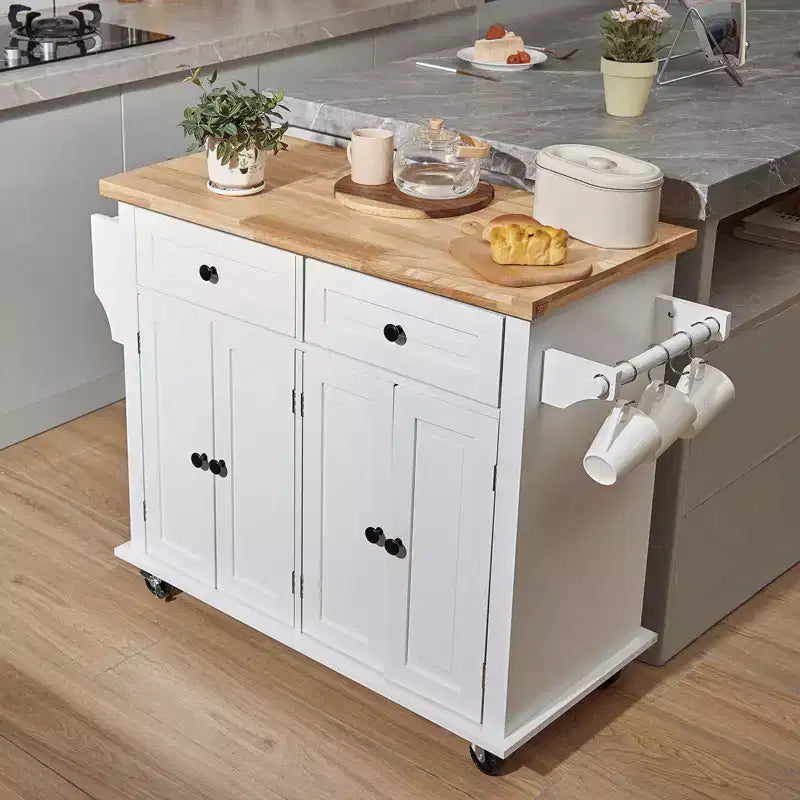Carrello da cucina su rotelle con piano in legno massello, cassetto mobiletto, portaspezie e portasciugamani