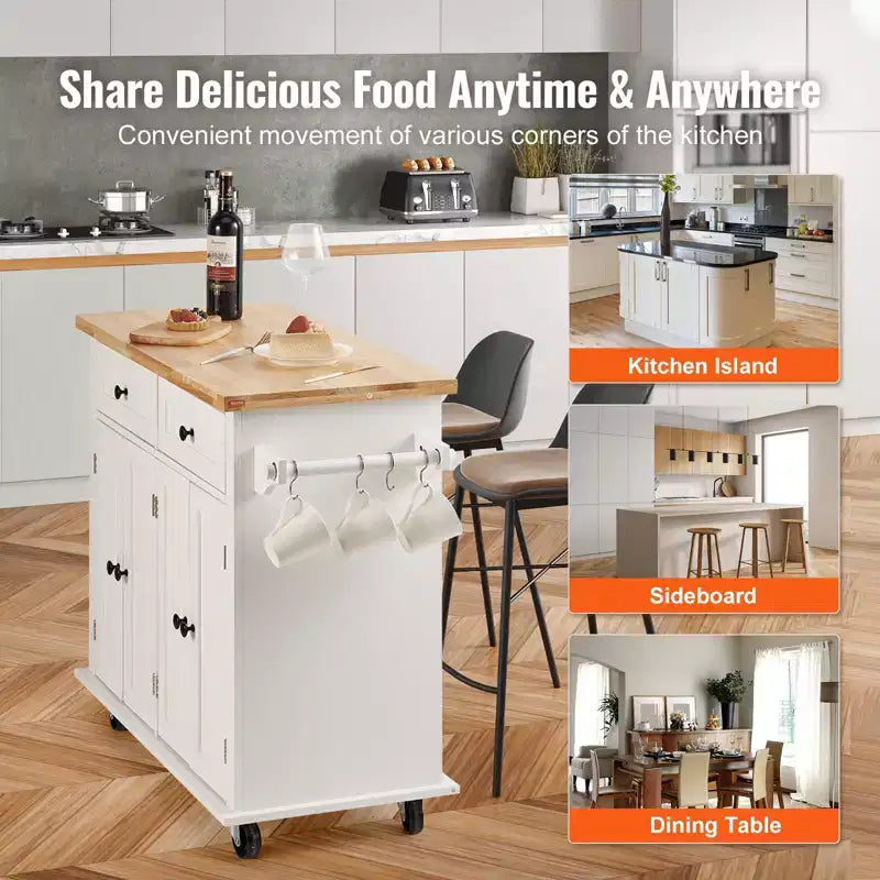 Carrello da cucina su rotelle con piano in legno massello, cassetto mobiletto, portaspezie e portasciugamani