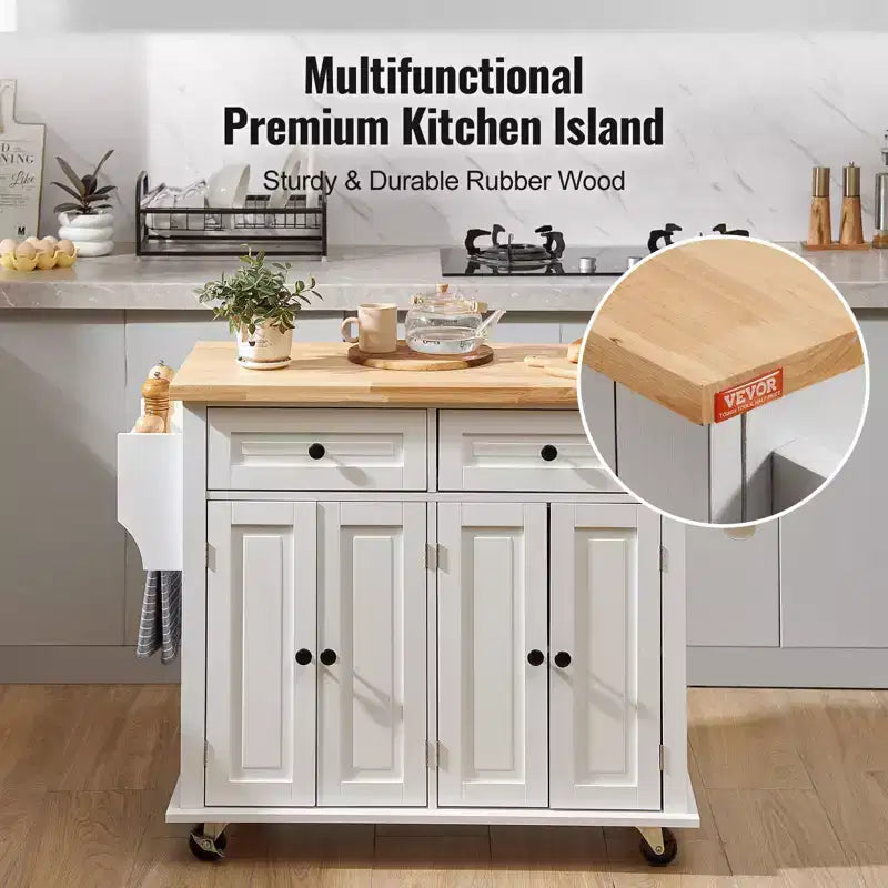 Carrello da cucina su rotelle con piano in legno massello, cassetto mobiletto, portaspezie e portasciugamani